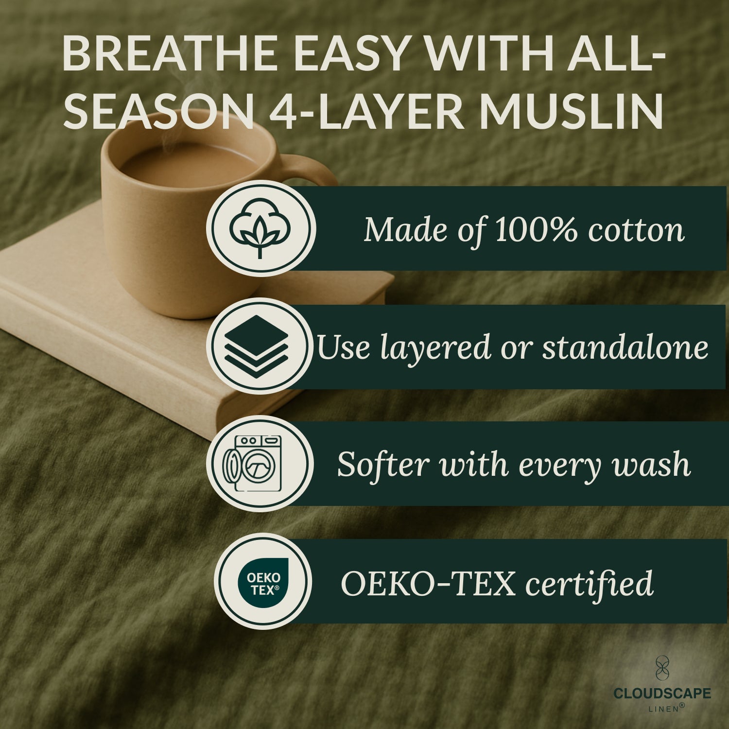 4 Layer Cotton Muslin Blanket: Olive Green