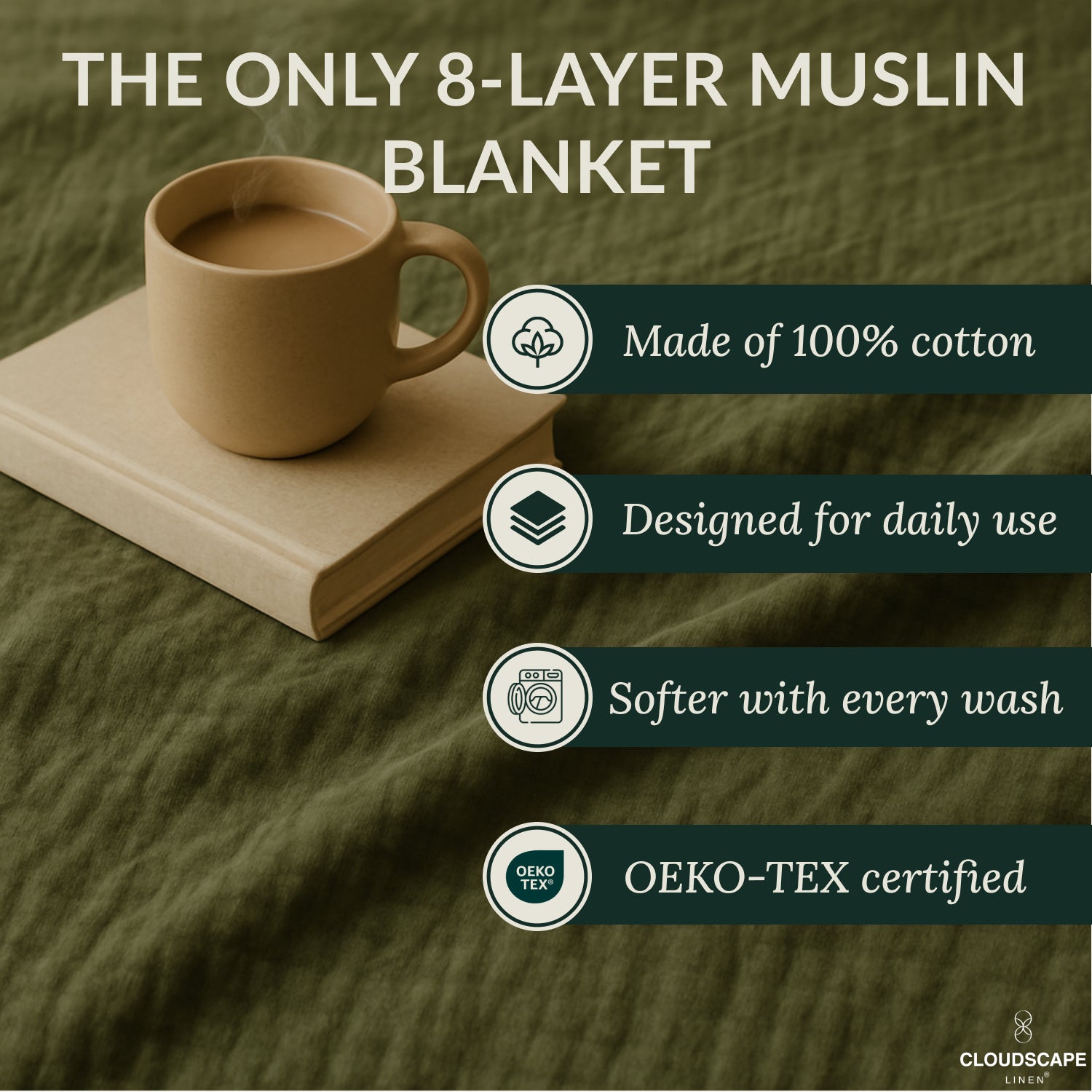 8 Layer Cotton Muslin Blanket - Olive Green