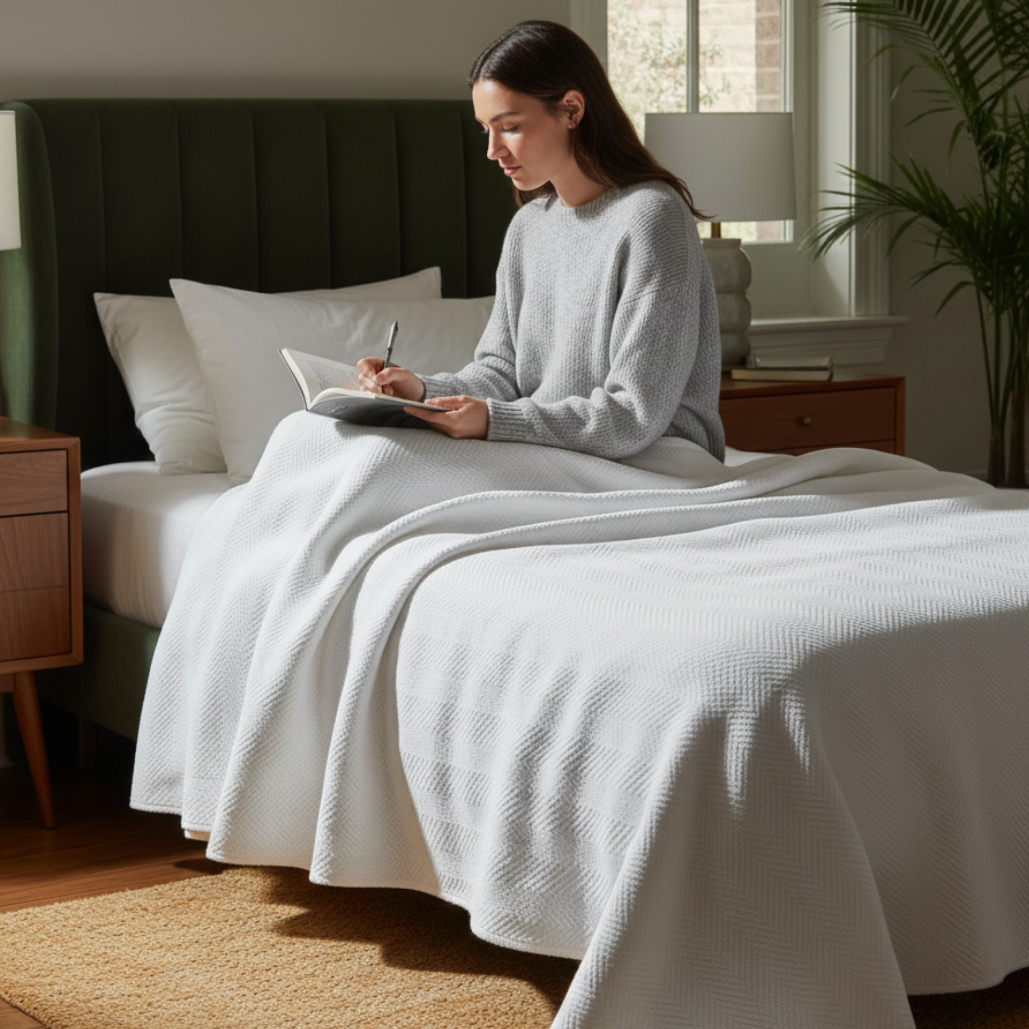 Cotton Herringbone Blanket: White